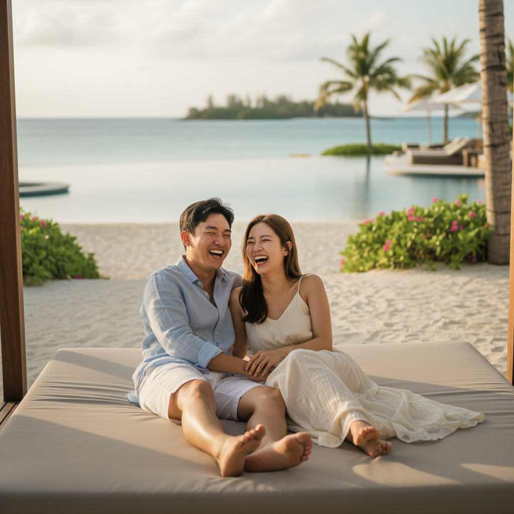A happy couple laughing and relaxing at a luxurious beach resort, warm lighting, beautiful ocean background, lifestyle photography, natural setting, Korean appearance, no text