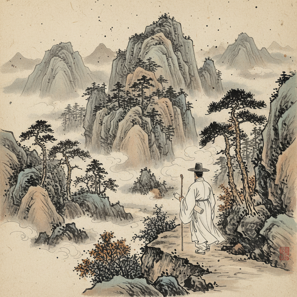 Illustration of a lone Korean scholar in traditional white attire walking along a winding mountain path, conveying a sense of solitude and introspection, artistic rendering, textured background, no text, Korean appearance