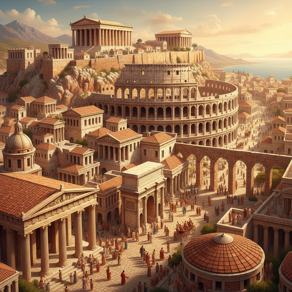 A bustling ancient city where Hellenistic and Roman architectural styles blend seamlessly. Temples with Greek columns stand next to Roman aqueducts. Vibrant illustration, detailed, warm lighting, textured background, no visible text.