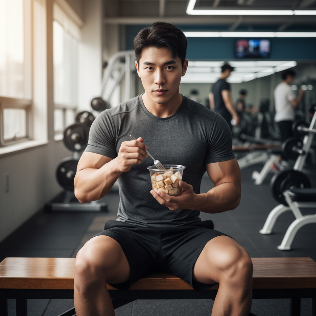 A Korean man in gym wear sitting on a bench holding a small food cup with grilled chicken, natural light, gym interior background with soft blur, clean composition, high contrast, no text