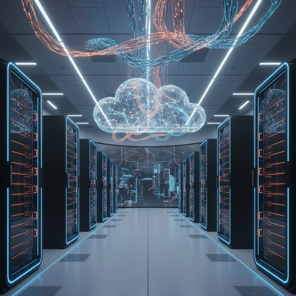A high-tech server room with glowing blue and orange lights, intricate wiring and server racks, representation of cloud computing power, modern and clean layout, rich background, no text