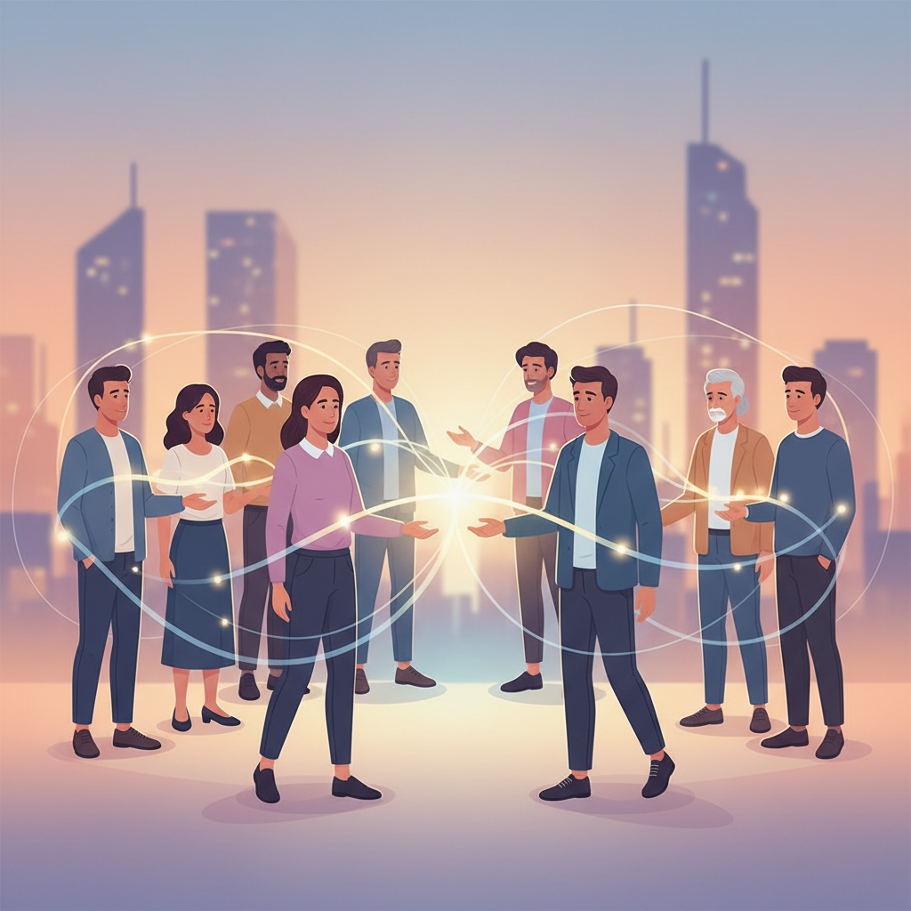 A conceptual image showing diverse modern individuals, from different backgrounds and ages, subtly connected by glowing lines or a shared serene light, symbolizing universal values like peace and compassion. The background is a gently blurred, contemporary cityscape, representing the global reach of these principles. Soft, warm lighting, colored gradient background, no text, modern illustration style.