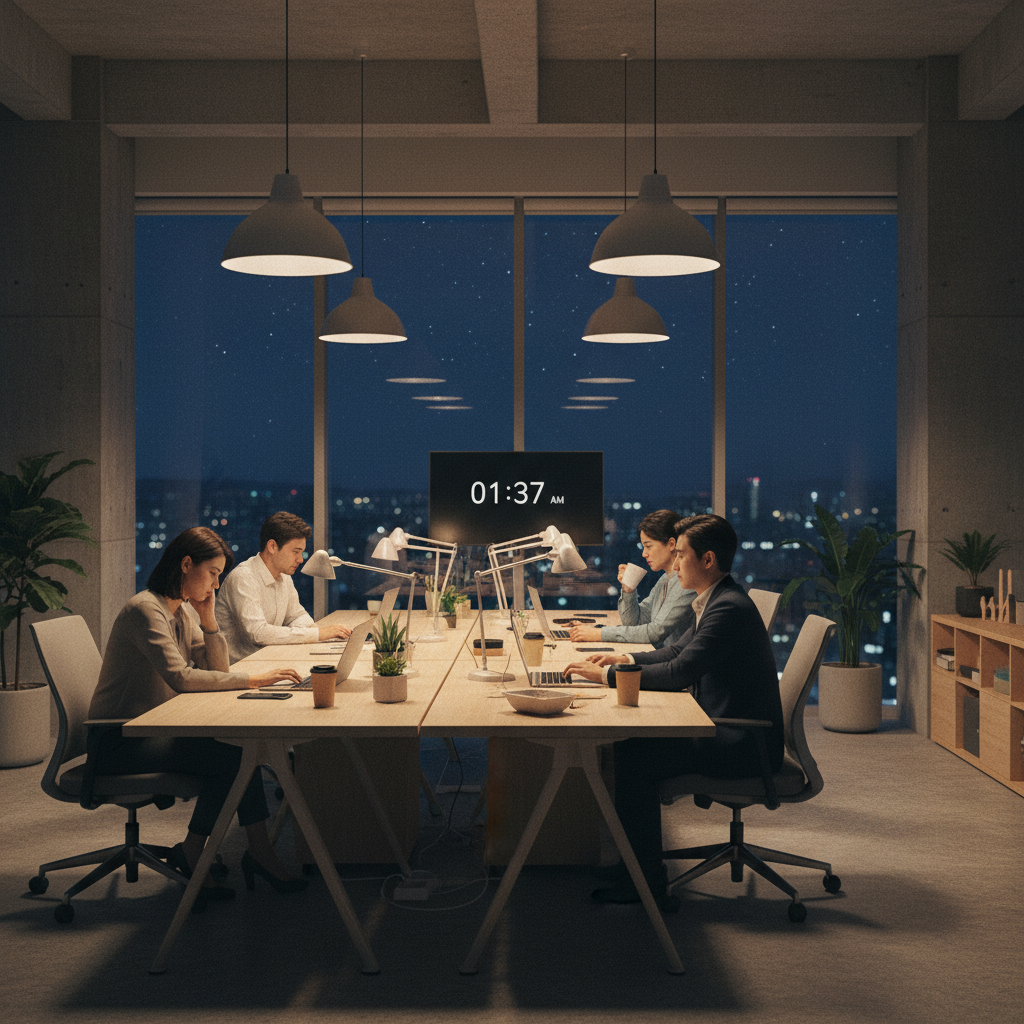A diverse group of Korean office workers showing signs of fatigue but still working in a modern office setting, with a subtle clock indicating late hours, lifestyle photography, warm lighting, natural setting, textured background, no visible text