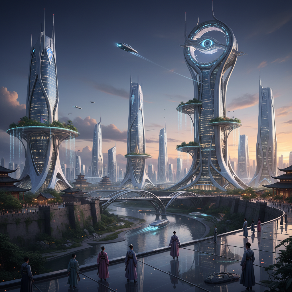 A modern East Asian cityscape at dusk, featuring innovative architecture and subtle design elements hinting at an alternative historical development. Bright, balanced lighting, cinematic composition, colored background, no visible text.