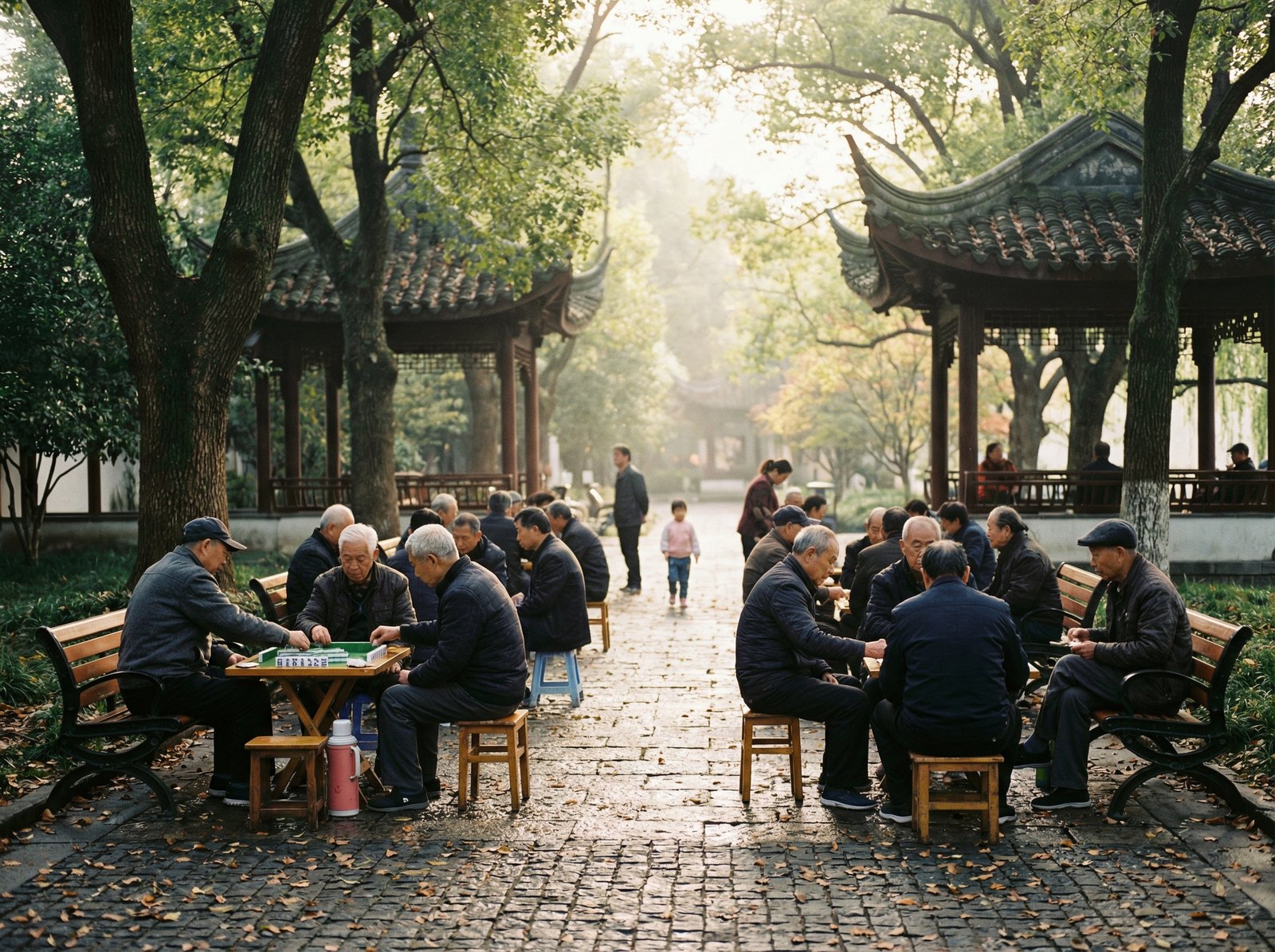 A peaceful but melancholic scene in a city park in China where many elderly people are sitting together, fewer young people or children visible, lifestyle photography, soft morning light, rich colors, 4:3