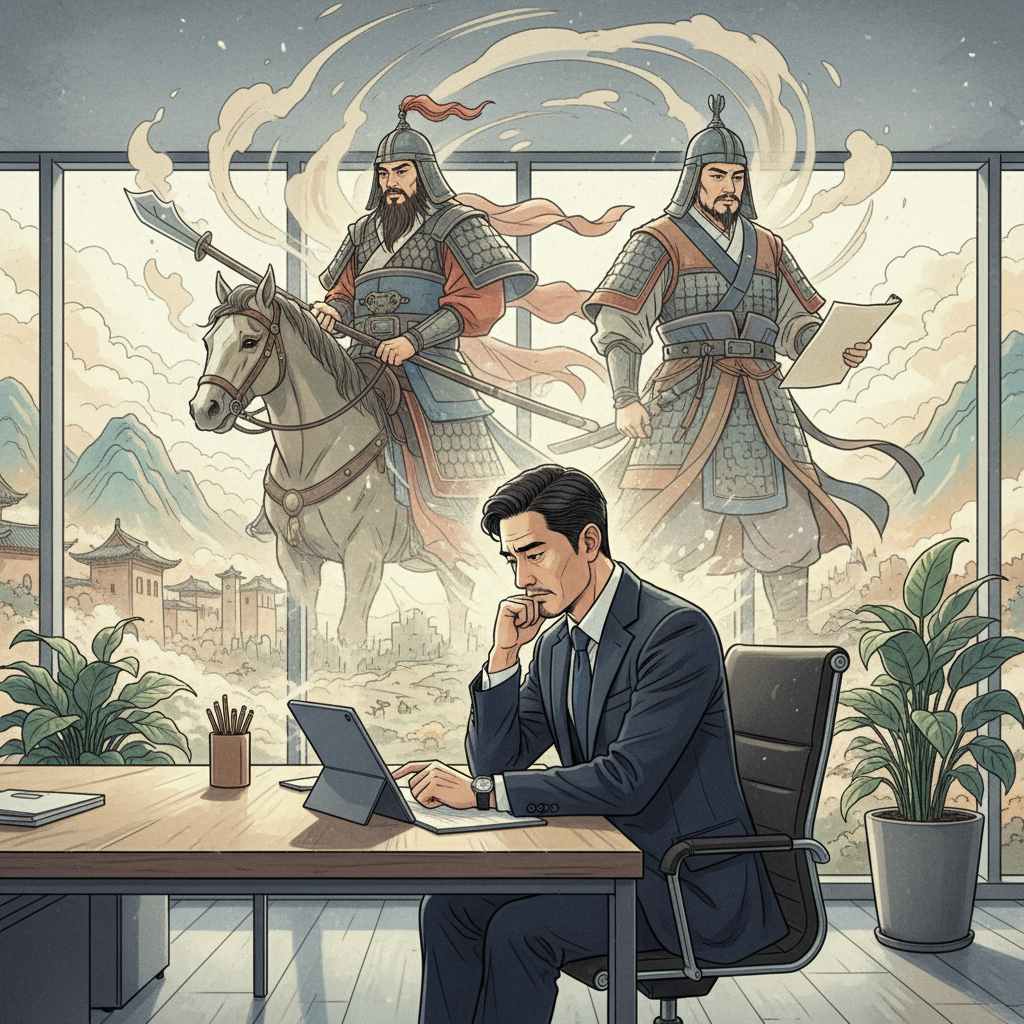 A modern Korean-looking business leader sitting at a desk, looking thoughtful and concerned, with a subtle overlay or reflection of ancient Korean-looking figures like Guan Yu and Sun Quan in traditional attire, symbolizing historical decisions and their impact. The setting is a clean, modern office transitioning to an artistic, textured historical background. Bright, balanced lighting, centered focus, visually rich. No text. Style: illustration, artistic rendering, textured background
