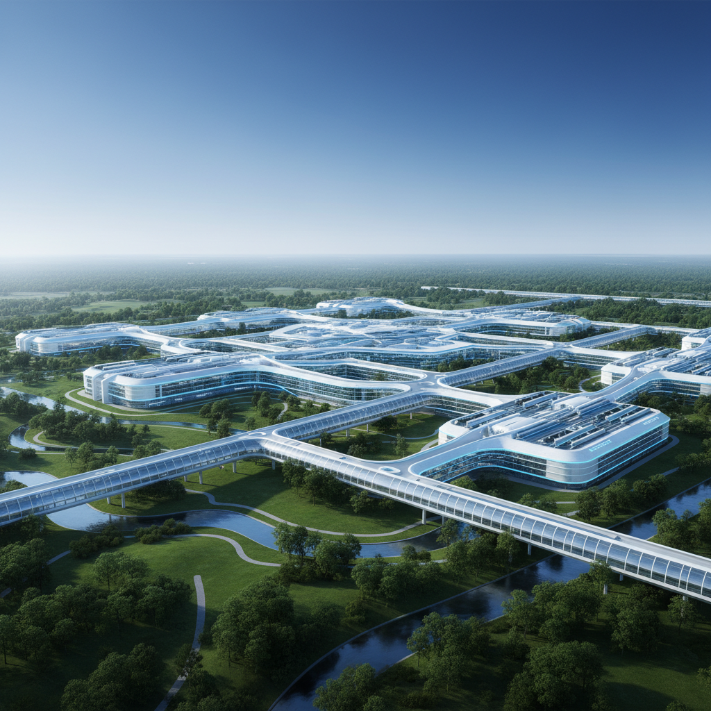 A sprawling modern AI data center under a clear sky, futuristic architecture with glowing blue lights, surrounding green landscape, high-angle lifestyle photography, high contrast, rich colors, no text