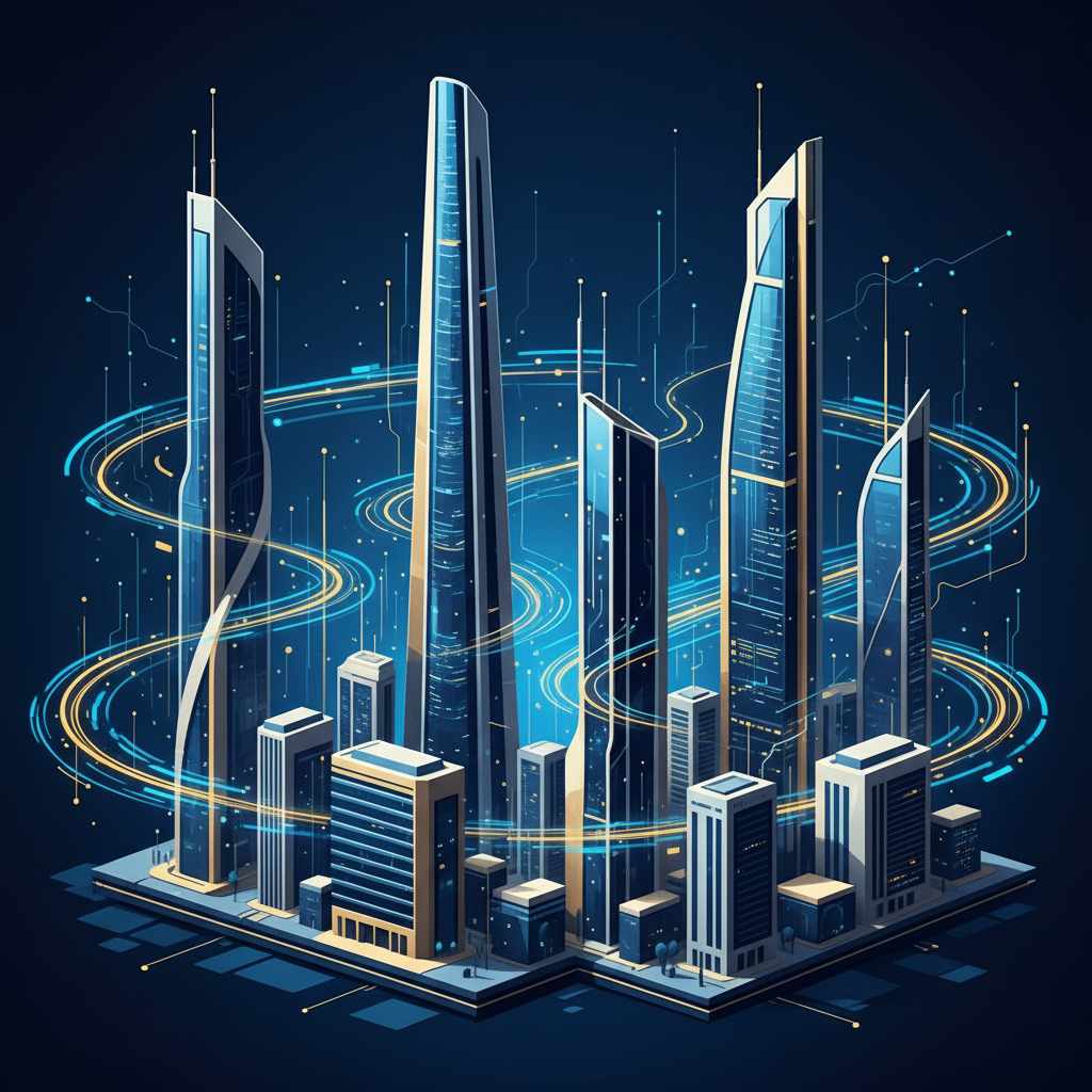 A sleek conceptual illustration of a futuristic financial district with digital data flowing through the buildings, clean infographic style, high contrast blue and gold tones, no text