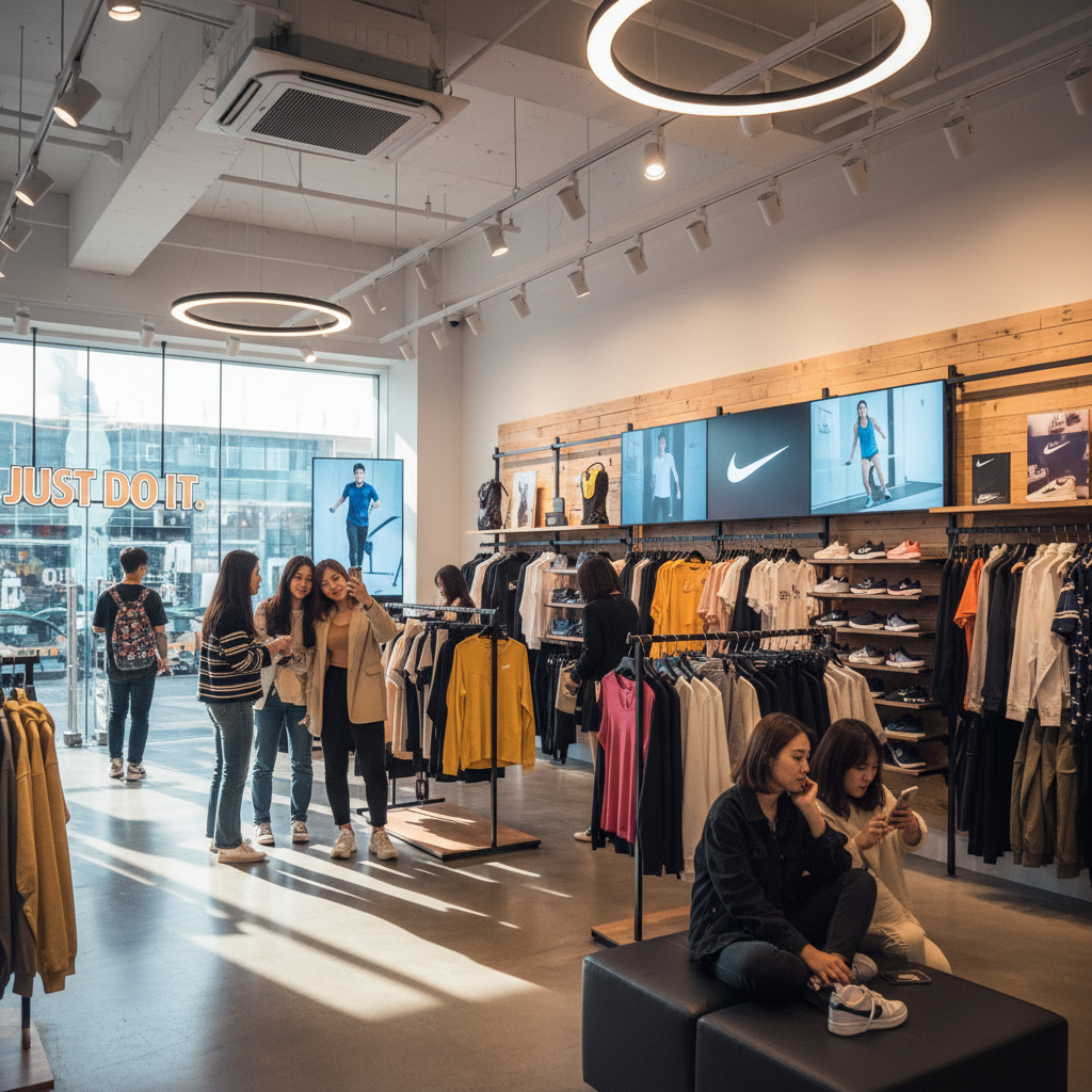 A modern and stylish Nike retail store interior, Korean customers browsing sportswear, clean layout, bright and warm lighting, vibrant atmosphere, high contrast, lifestyle photography