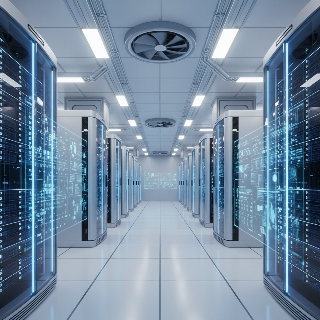 Interior of a high-tech data center with glowing blue lights and rows of servers, representing AI energy demand, clean and modern layout, no text