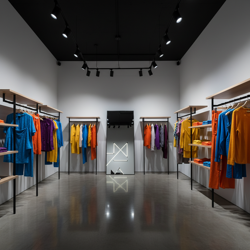 Interior of a modern clothing store with minimalist design, vibrant fabric textures, high contrast lighting, clean layout, no text