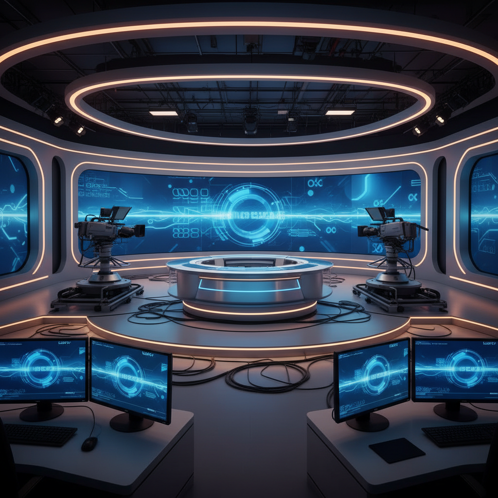 A modern broadcasting studio with professional cameras and screens, high-tech media environment, clean layout, warm lighting, blue and silver tones, no text