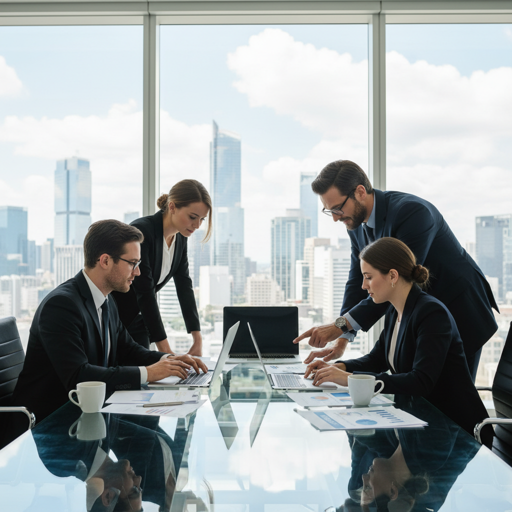 Financial analysts collaborating in a sleek glass office, city skyline in the background, lifestyle photography, natural lighting, professional vibe, no text