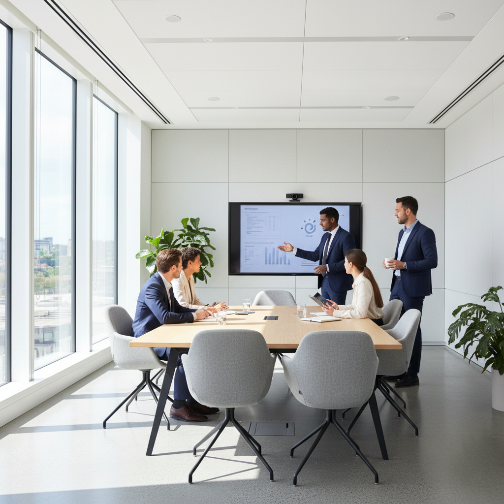 Modern professional meeting room with a clean layout, people discussing projects around a table, bright natural light, professional setting, no text