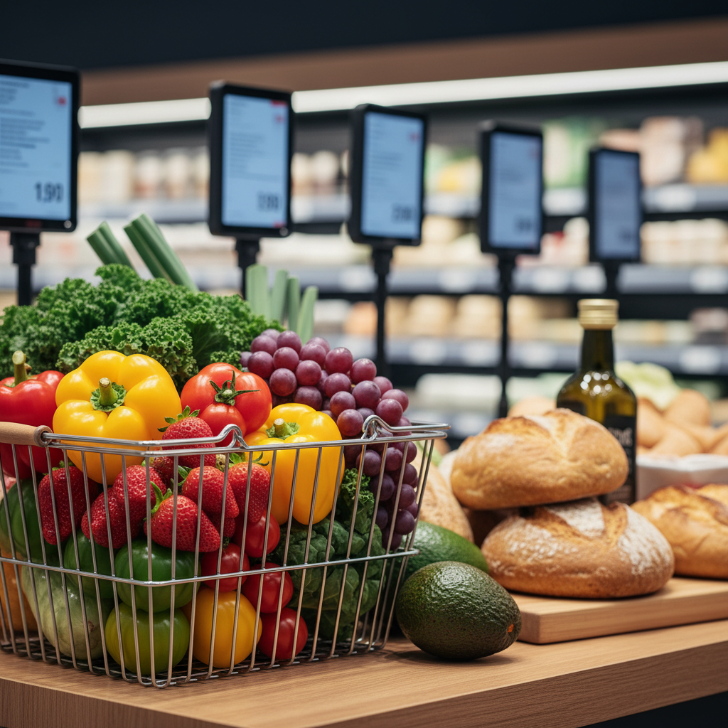 Close up of fresh groceries in a modern supermarket with blurred price tags in the background, clean and bright lighting, professional lifestyle photography, rich colors