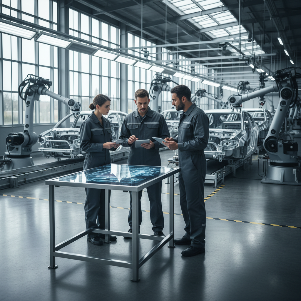 A modern automotive production line with engineers discussing strategy, clean industrial setting, high contrast, lifestyle photography, no text