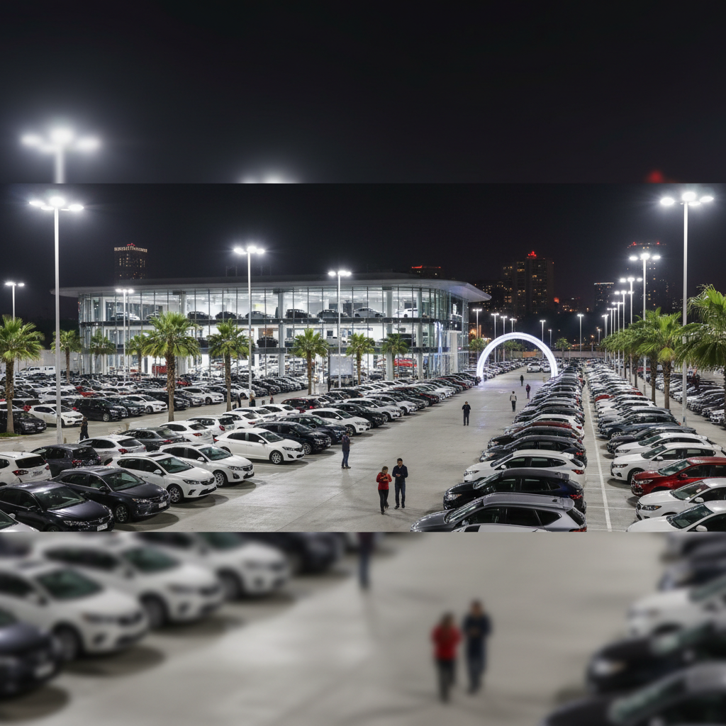 A modern large scale used car dealership at night, bright LED lighting, rows of cars, realistic lifestyle photography, cinematic composition, no text