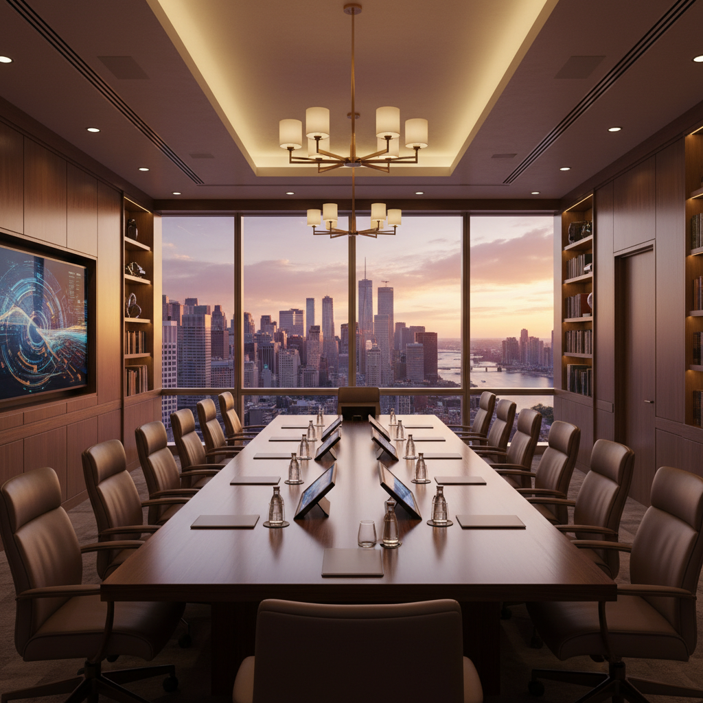A sophisticated boardroom of a central bank, large wooden table, panoramic city view through windows at sunset, warm indoor lighting, modern professional layout, no text