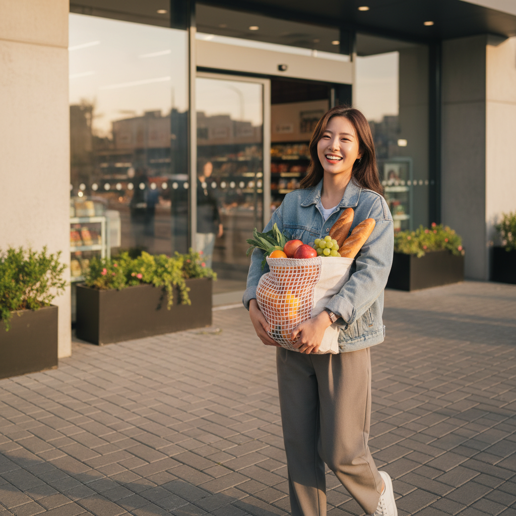 A young Korean woman smiling while holding a grocery bag filled with fresh bread and fruit, standing in front of a modern supermarket, lifestyle photography, warm natural lighting, no text
