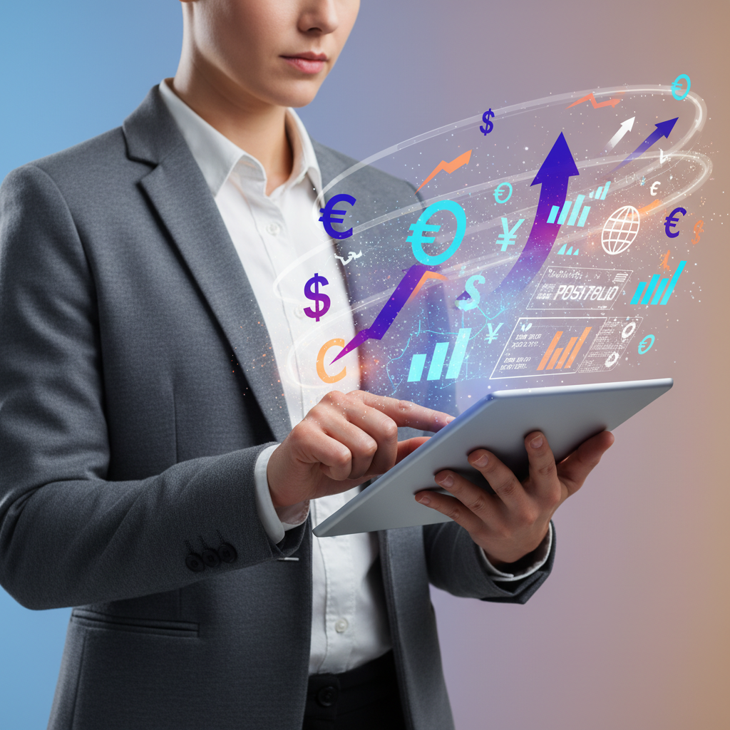 A person thoughtfully managing investment assets on a digital tablet, surrounded by abstract financial symbols, conveying smart investment strategy, clean and modern style, gradient background, no text