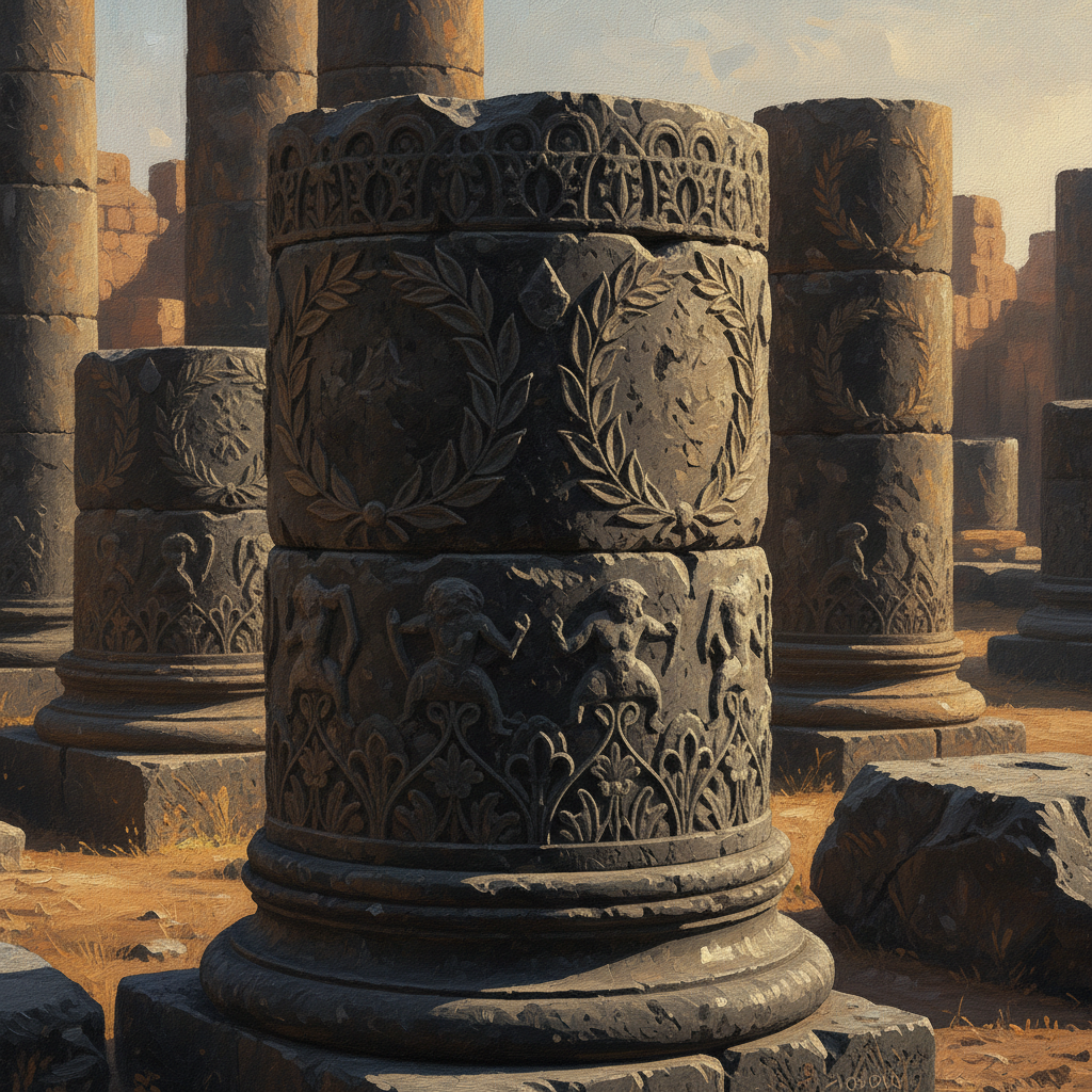 Close-up of ancient black basalt stone walls and columns in Bosra Syria, intricate Roman carvings, warm sunlight, textured background, artistic rendering, 1:1