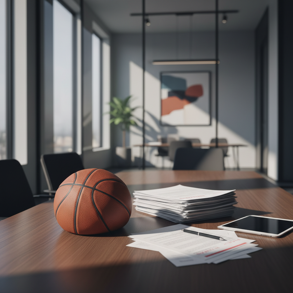 A professional business setting with a basketball on a wooden table next to legal documents, modern office interior, soft natural light, high contrast, no text