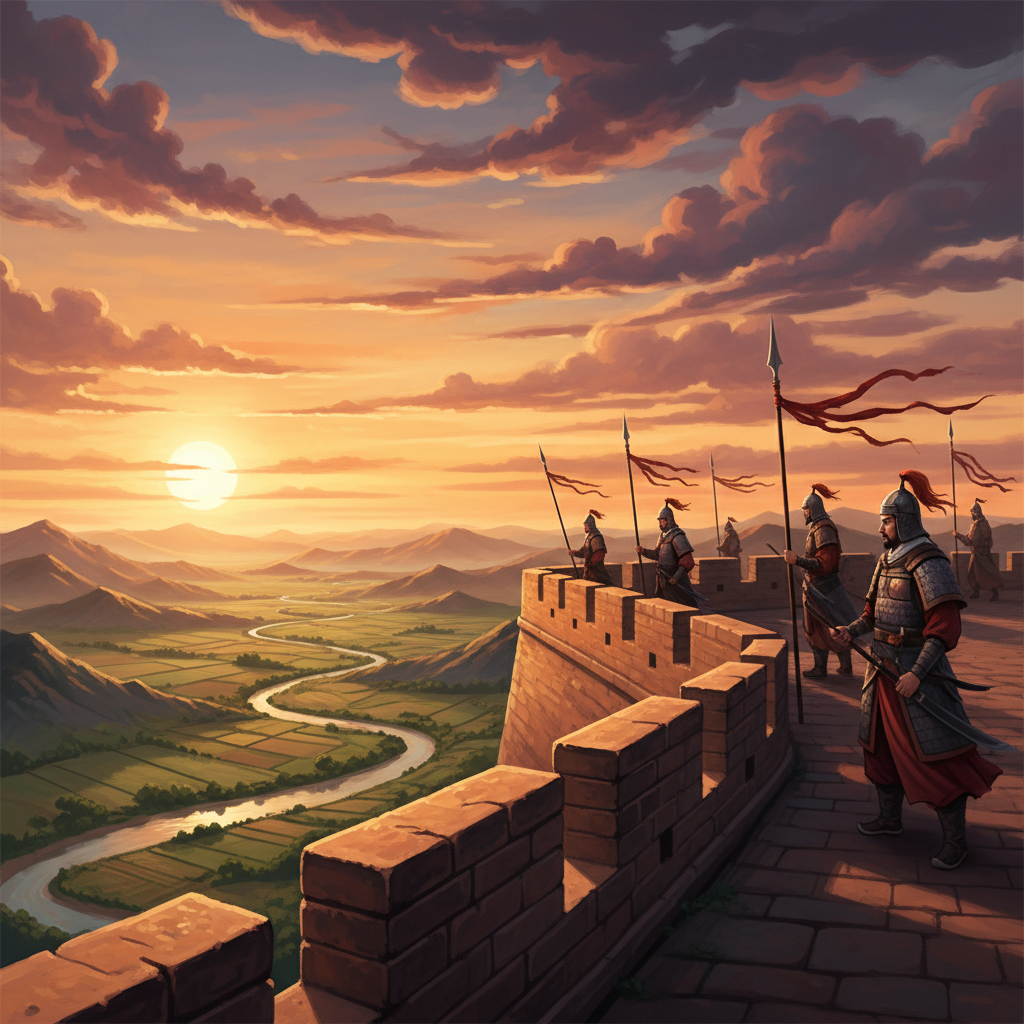 Ancient Chinese fortress walls during golden hour, soldiers patrolling with spears, cinematic lighting, historical illustration style, rich colors, no text