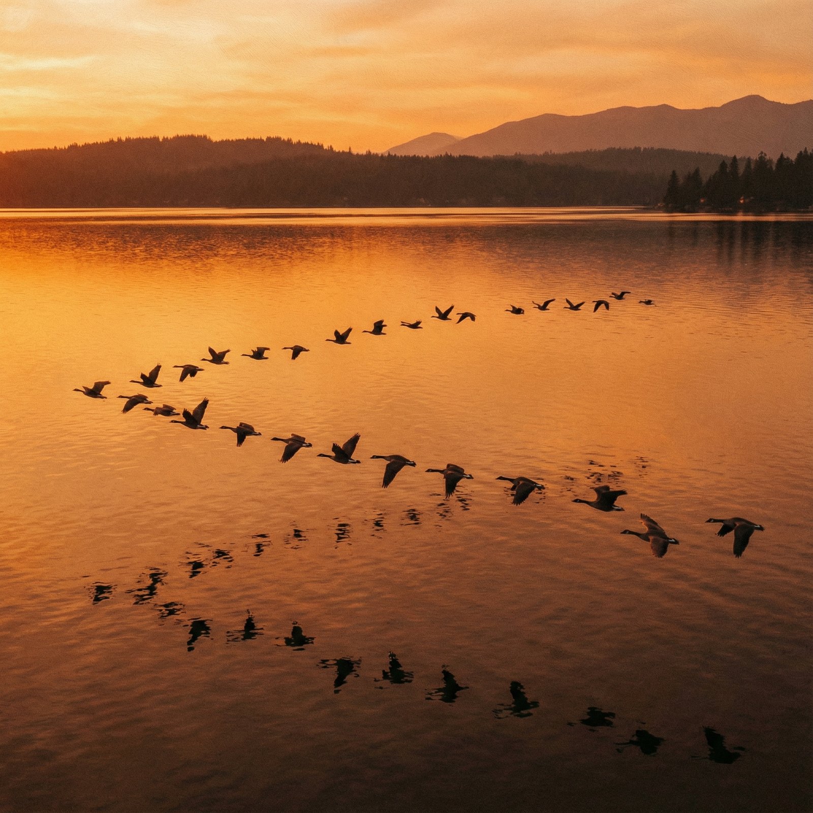 A flock of wild geese flying over a vast blue lake at sunset, golden hour lighting, cinematic composition, artistic rendering, 1:1