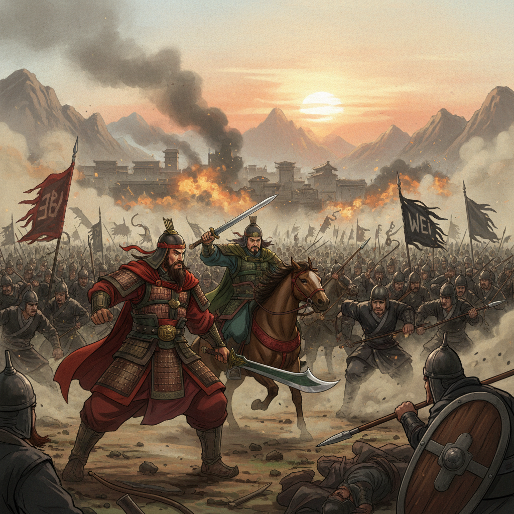 A grand illustration of a battle scene where Korean-looking generals from Shu Han and Wu Kingdom, including Guan Yu and Sun Quan, are fighting together against Wei forces. The scene is dynamic and visually rich, with a textured background depicting an ancient battlefield. Bright, balanced lighting emphasizes the unity and intensity of the combat. No text. Style: illustration, artistic rendering, textured background