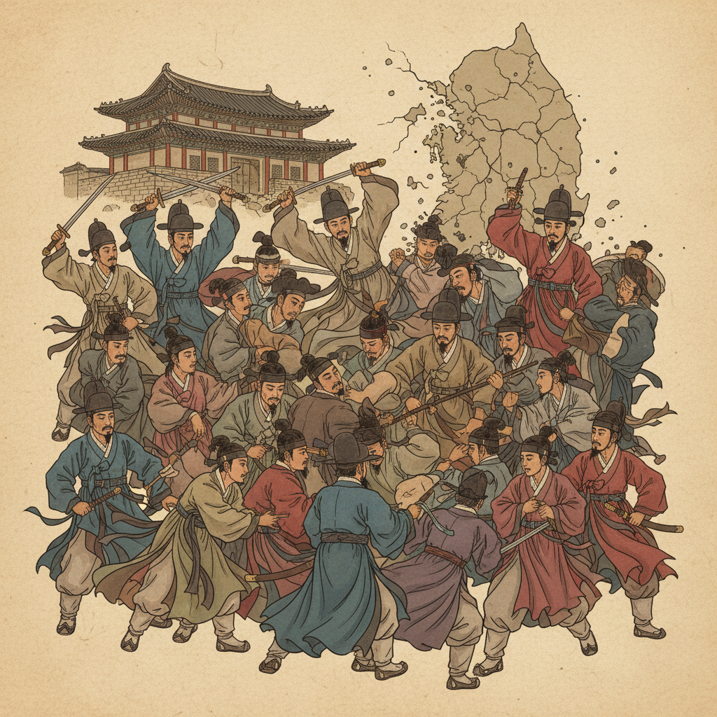 An illustration depicting the chaotic political landscape of late Goryeo dynasty without Yi Seong-gye. Show fragmented power struggles among different factions. Style: artistic rendering with a textured background. Korean appearance, natural expression, no text, bright, balanced lighting.