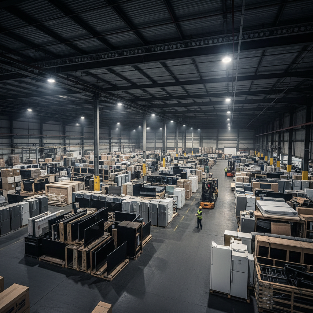 A vast and busy warehouse filled with various oversized items like electronics and furniture, industrial lighting, organized chaos, wide angle shot, high contrast, cinematic atmosphere, no text