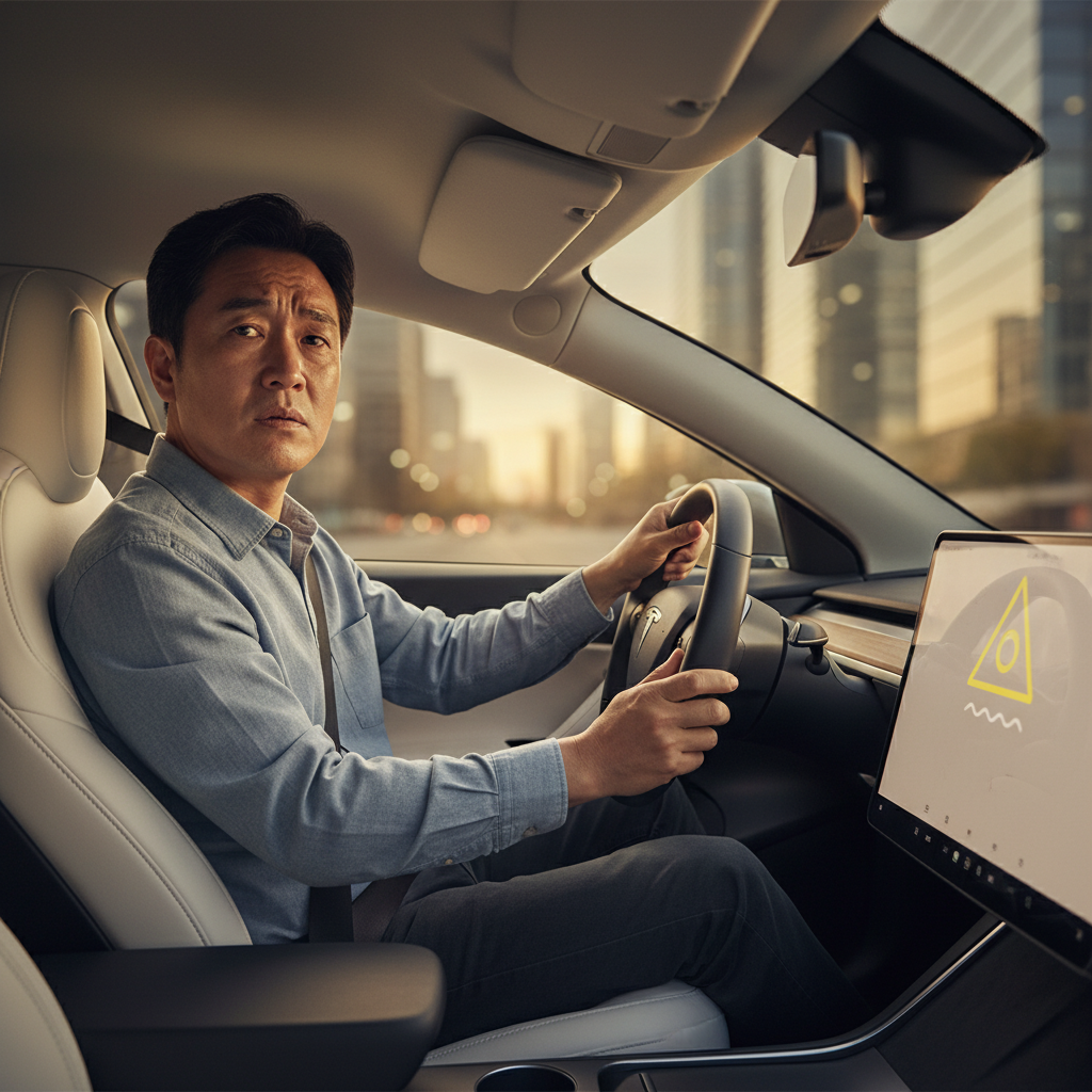 A Korean driver looking confused while driving a Tesla, with a subtle digital overlay showing a warning sign related to autonomous driving, realistic style, warm lighting, car interior, no text