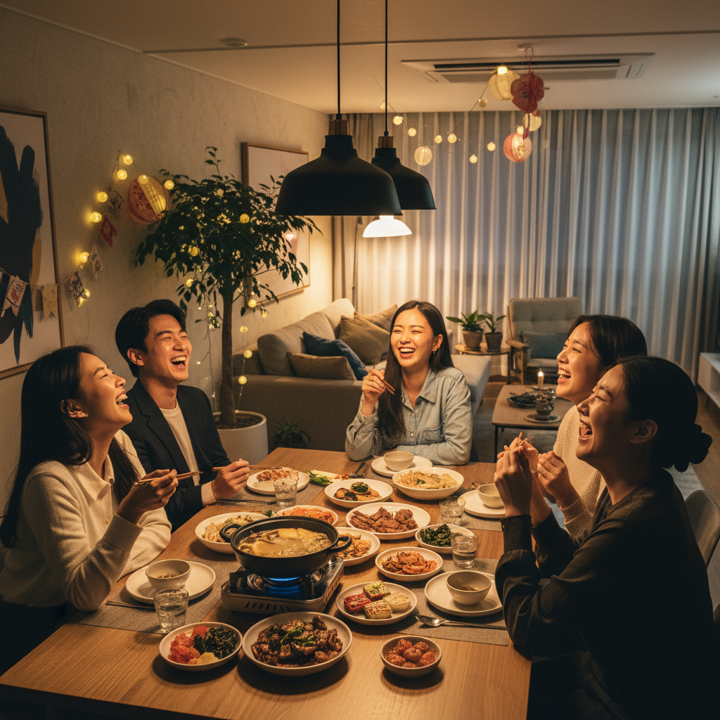 A joyful home party scene with a small group of Korean friends laughing and sharing food, warm ambient lighting, festive decorations in a modern apartment, lifestyle photography, high contrast, no text