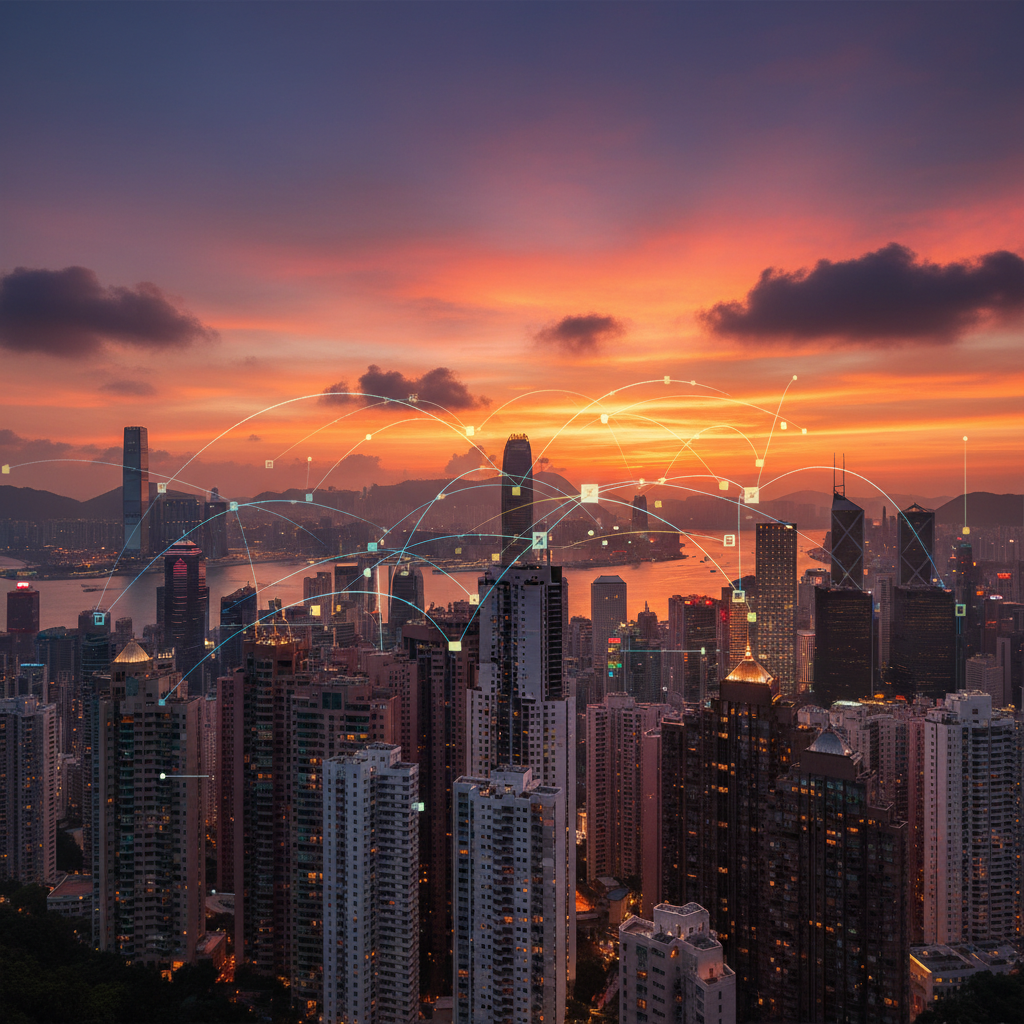 A panoramic view of Hong Kong skyline with subtle digital connection lines representing a financial network, sunset sky with orange and purple tones, high contrast, cinematic composition, no text
