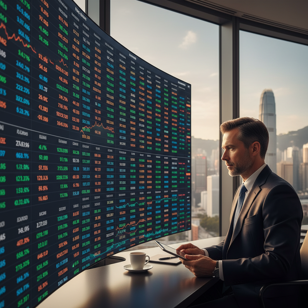 A professional investor looking at a digital stock market screen showing crypto exchange data in Hong Kong, modern financial district background, warm natural lighting, lifestyle photography, no text