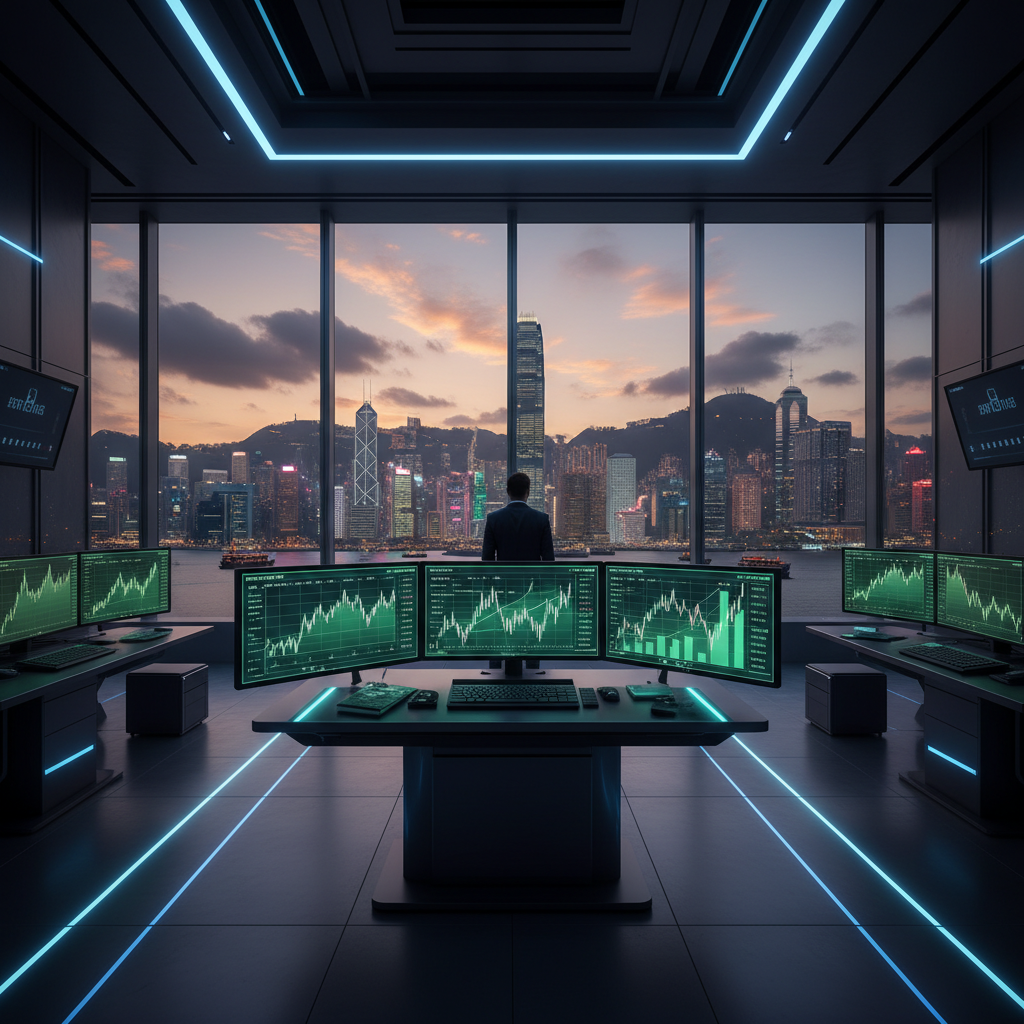 A modern trading terminal showing rapid stock price growth in Hong Kong, Victoria Harbour skyline through a window in the background, sleek glass and steel interior, dynamic lighting, no text