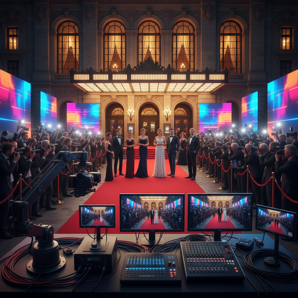 Red carpet event at a grand theater with paparazzi cameras flashing and elegant atmosphere using modern streaming equipment visible in the foreground with vibrant colors and no text