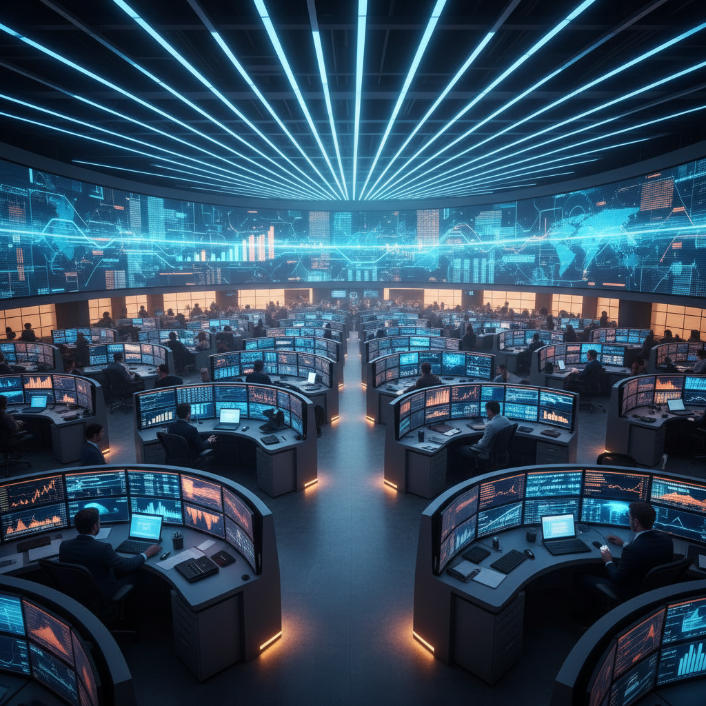 A busy global trading floor with glowing digital screens showing financial market data, modern layout, vibrant blue and amber colors, rich background, no text