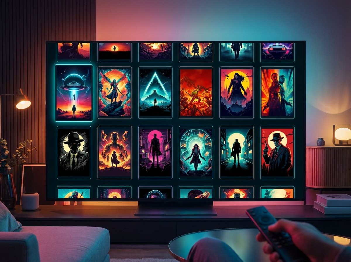 A digital gallery of various movie posters on a large TV screen, vibrant colors, modern interface, cinematic lighting, no text, 4:3
