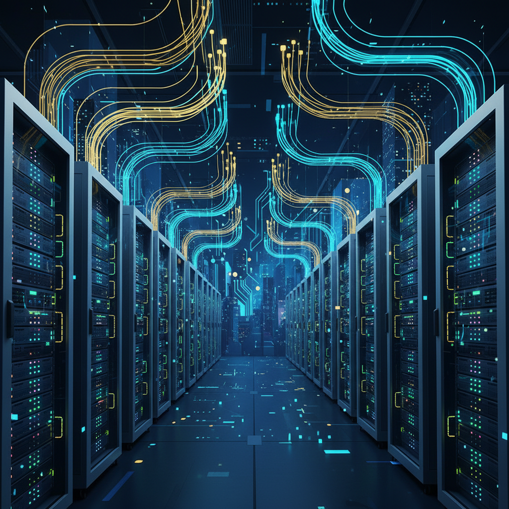 A massive data center with rows of high-performance servers, fiber optic cables glowing with data transfer, clean infographic style, rich background, no text