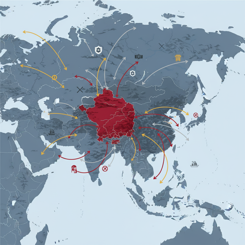 A stylized map illustration of ancient East Asia, highlighting a vastly expanded Goguryeo territory stretching beyond its historical boundaries. Various arrows and symbols indicate cultural, economic, and military influence spreading across the region, replacing former Sui or nascent Tang influence. Style: clean infographic, modern layout, high contrast. No visible text, bright and balanced lighting, full frame composition with minimal margins.
