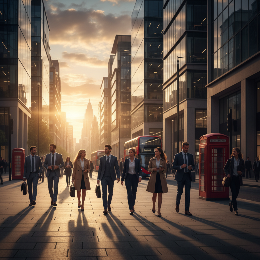 A bustling London financial district street scene with professional people walking past modern glass buildings, warm morning light, lifestyle photography, rich colors, no text