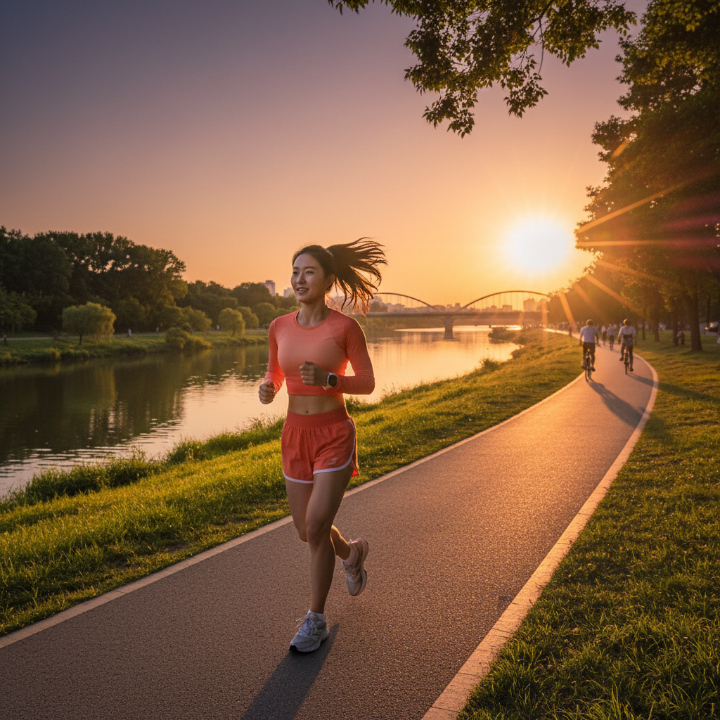 A fit Korean woman jogging in a beautiful park during sunset, wearing modern sportswear, lens flare, vibrant colors, energetic atmosphere, high quality lifestyle photography, no text