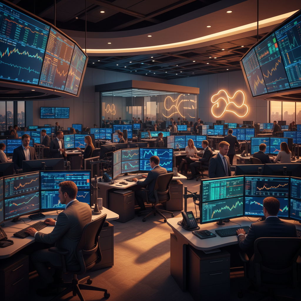 A dynamic scene of a modern financial trading floor with multiple screens, warm cinematic lighting, diverse professionals working in a high-tech environment, colorful and rich background, no text