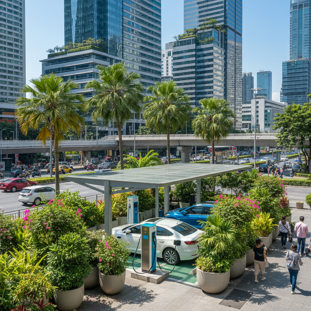 A modern EV charging station in a vibrant city in Thailand with lush greenery and skyscrapers in the background, bright daylight, lifestyle photography style, no text