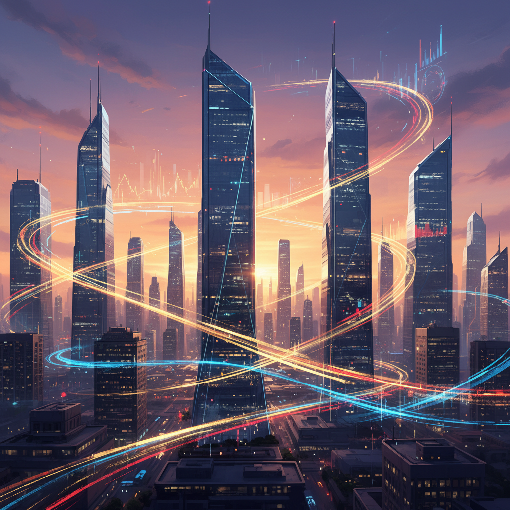 Modern cityscape with rising skyscrapers and digital light trails symbolizing capital flow, warm evening lighting, vibrant atmosphere, artistic rendering, no text