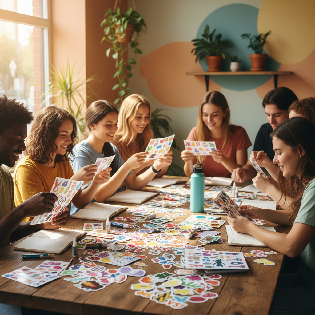 A group of diverse young people sitting around a large wooden table at a workshop, sharing stickers and craft materials, indoor cafe setting, natural light, colored background, no text