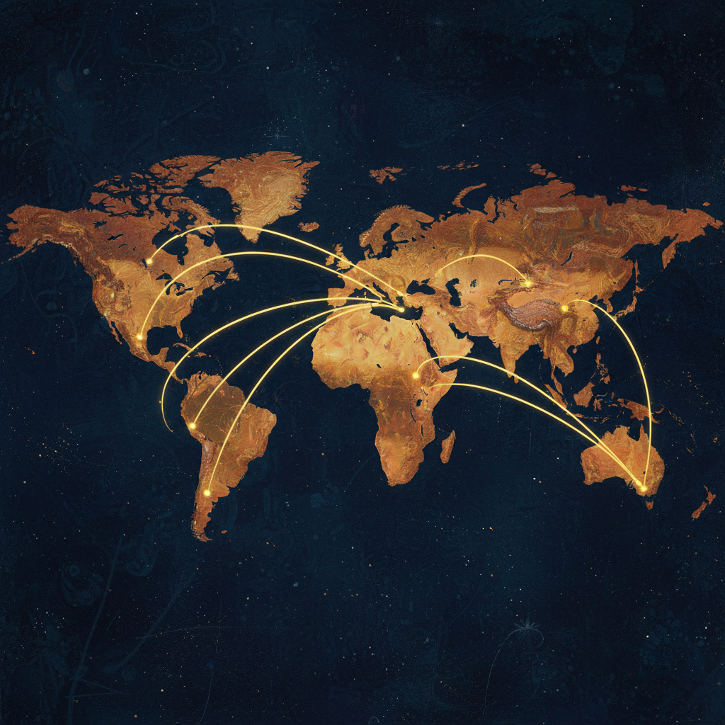 An artistic rendering of a world map with glowing golden supply lines connecting continents, deep navy textured background, visually rich composition, no text