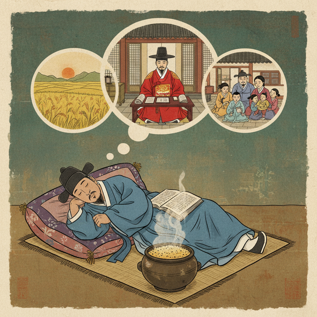 An illustration of an ancient Korean scholar (Nosaeng) sleeping on a pillow, with a dream bubble showing scenes of prosperity, high office, and family life. A pot of millet rice is visible in the foreground. Artistic rendering, textured background, no text