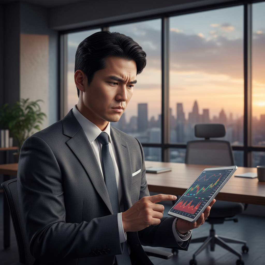 A Korean male investor looking at a tablet with stock charts, skeptical expression, modern office setting, soft natural lighting, high contrast, no text